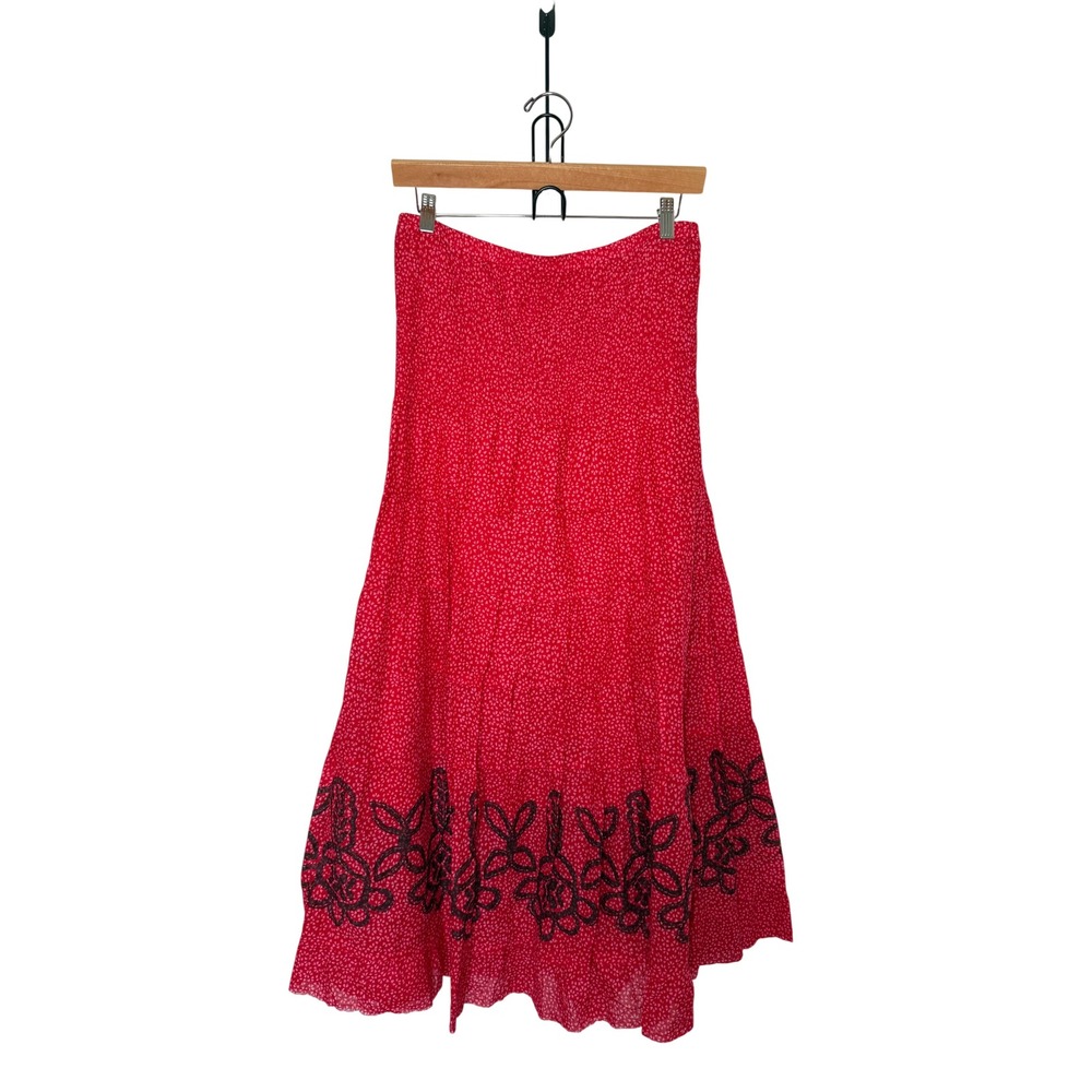 Free People Women's Medium Red Pink Smocked Waist Midi Skirt Whimsigoth Boho